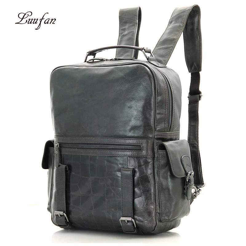 

Luufan Men Unisex Backpack Bag Large Capacity 14''PC books School Bag Casual Real Leather Outdoor Activities Climbing Durable