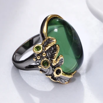 

Best gift for mom big Oval green stone rings Classic royal ornament jewelry top quality big leaf ring for women
