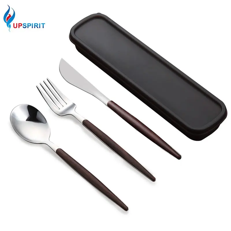 

UPSPIRIT 3Pcs 304Stainless Steel Cutlery Set Case Dinnerware with Wooden Handle Teaspoon Knife Fork Combo Dining Tools Tableware