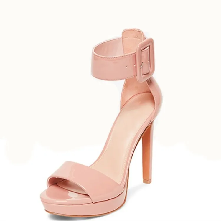 

newest summer nude Patent leather platform sandals big buckle decor sexy thin high heels sandals women rome style party shoes