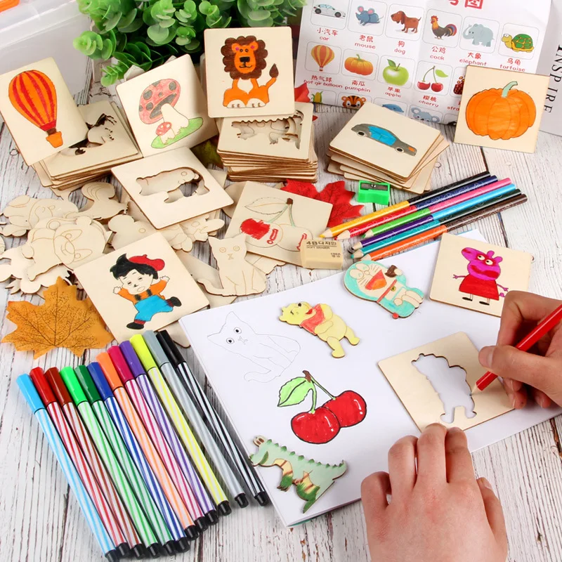 

55Pcs/Set Kids Graffiti Drawing Toys Board Copy Painting Board Early Learning Educational Toys For Children DIY Wooden Puzzle
