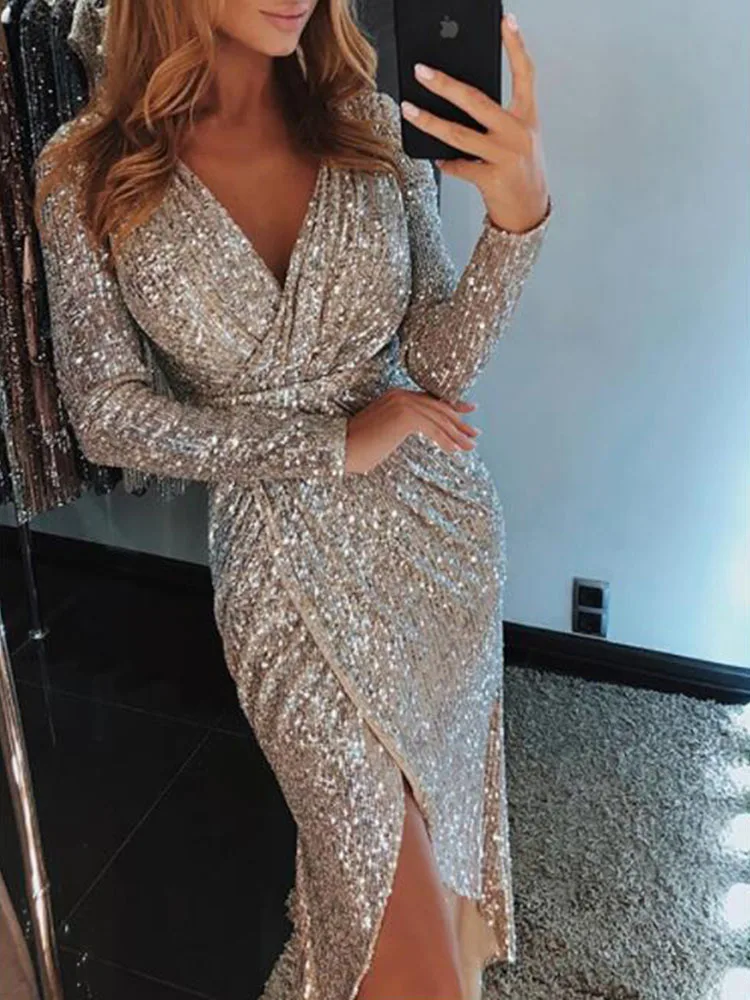 Where rappers sequin v neck long sleeve wrap dress clothing paypal