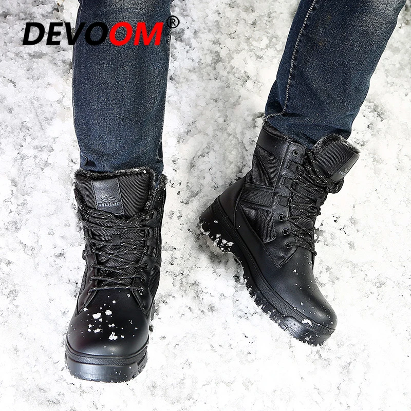 Треккинговые ботинки водонепроницаемые мужские зимние армейские ботинки тактические ботинки для мужчин однотонные черные парусиновые+ качественные кожаные ботинки на меху