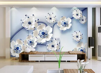 

custom 3d mural wallpaper tv backdrop Blue lotus relief Landscape wallpaper murals Home Decoration