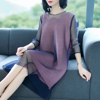 

Mesh Beaded Large Size Dress 2019 Spring New Two Pieces Mid-calf Loose A Line Dress