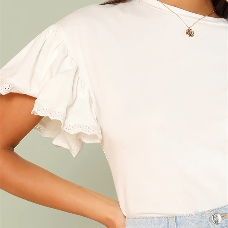 SHEIN White Elegant Round Neck Eyelet Embroidered Trim Ruffle Short Sleeve Solid T-shirt Summer Women Weekend Casual Tee Top