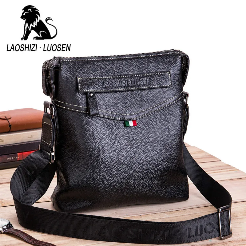 

LAOSHIZI Genuine Cow Leather Messenger Bag Men Handbag Chest Crossbody Shoulder Bag Tas Business Small Male Bolsas Sac Black