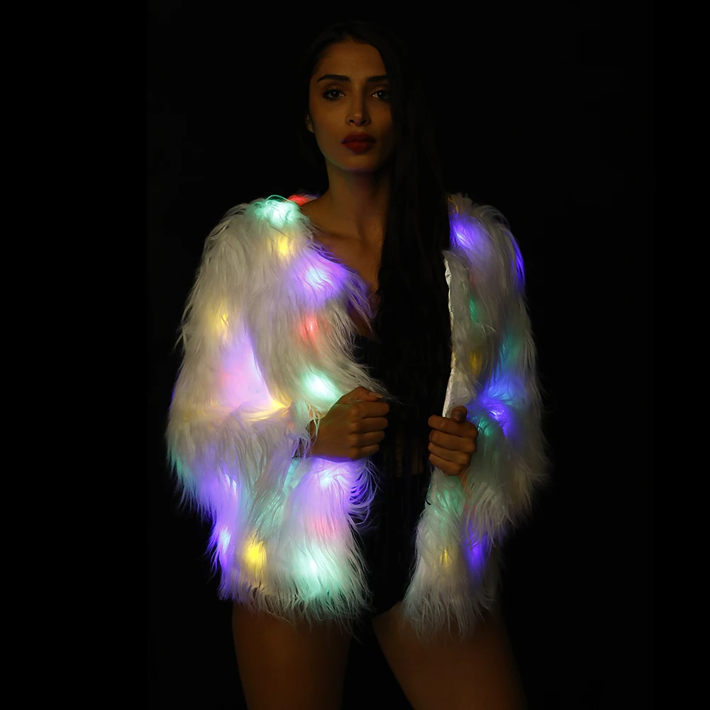 

ohlees LED Light up Coat Womens Performance Costume Faux fur Jacket for Party Carnival
