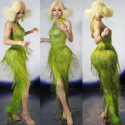 Зеленый бахромой длинное платье с кисточкой и с камнями, матовое покрытие из ткани под танцевальная одежда певица для ночного клуба шоу