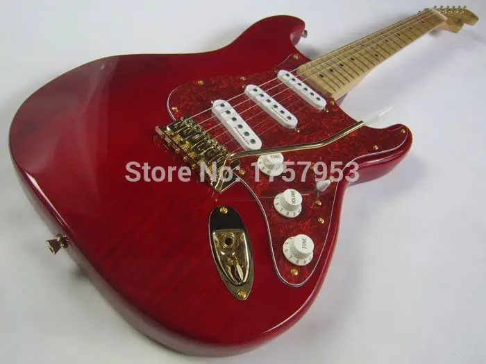 

custom guitar factory 2017 new Top Quality Natural wood transparent red Custom st Electric Guitar Gold hardware stratocaster