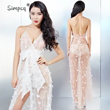 The new nightclub sexy dress Halter collar lace dress through the V nightclub show see-through dress costumes 2017 see through longline lace dress