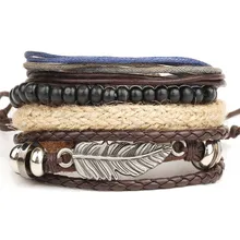 Fashion 1 Set 4PCS leather bracelet Men’s multi-layer bead bracelet women’s retro punk casual men’s bracelet jewelry accessories