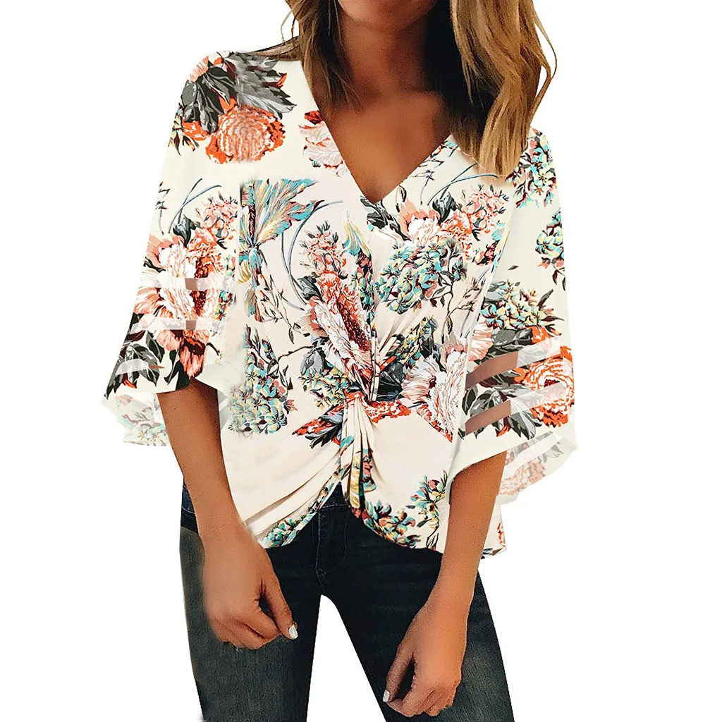 

Summer women's fashion new printed floral shirt five-point sleeves large size V-neck fashion casual loose beach blouse #YL5
