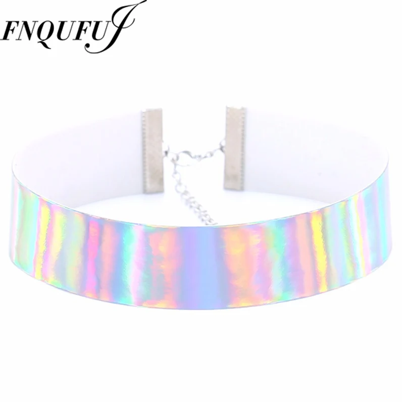 

Punk Holographic Choker Necklace for Women 2019 Gothic Necklace Rainbow collar trendy fashion summer festival jewelry