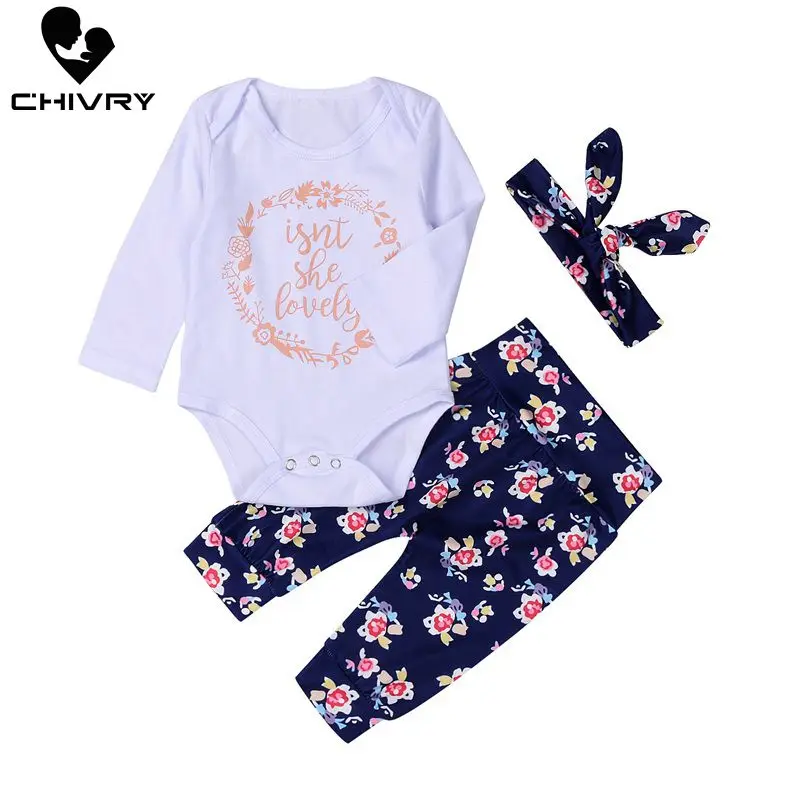 

Chivry Newborn Infant Baby Girls Long Sleeve O-neck Letter Bodysuit Rompers Tops + Floral Pants + Headband Girls Clothing Set
