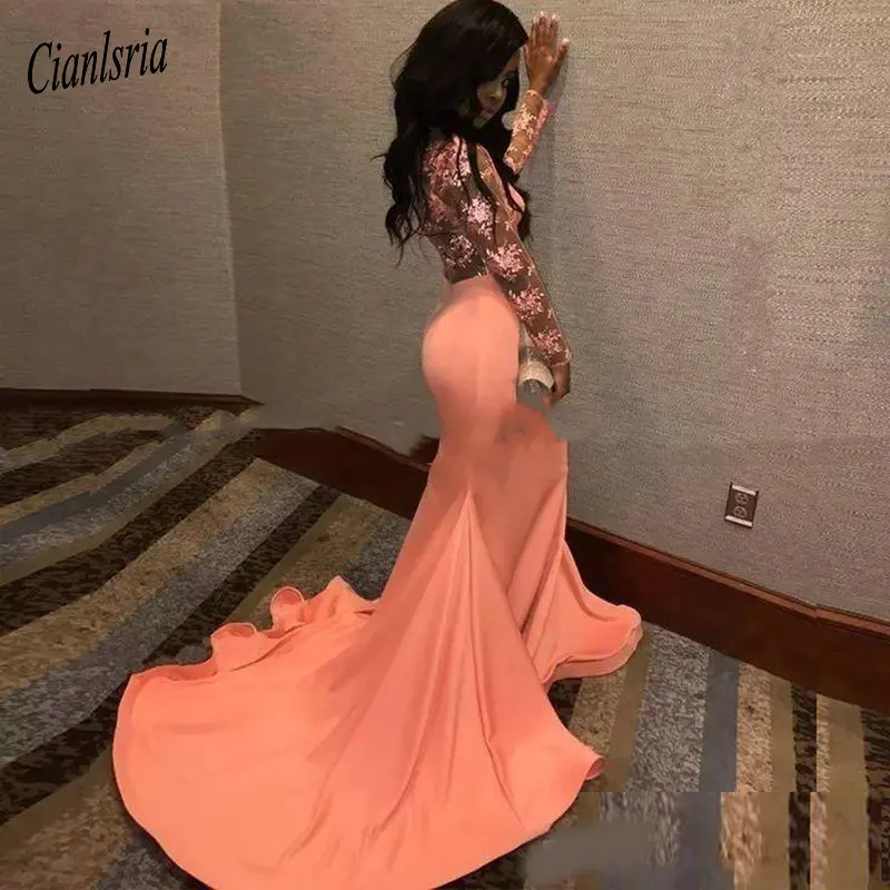 

Sexy Lace Appliques Mermaid Coral Black Girls Prom Dresses Long Sleeves Plus Size African Formal Evening Gowns robe de soiree