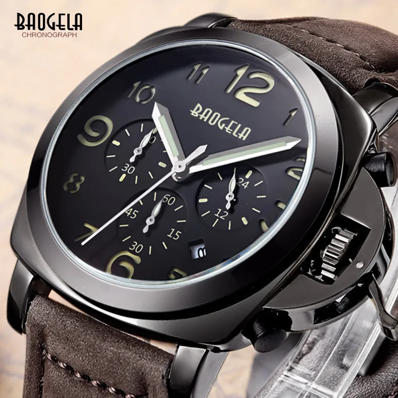 Baogela мужские Часы коричневый кожаный ремешок Мода хронограф Reloj Hombre