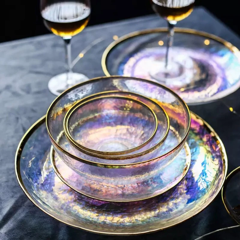 Роскошные радужные стеклянные столовые приборы тарелка с акцентом тарелка набор посуды для торта