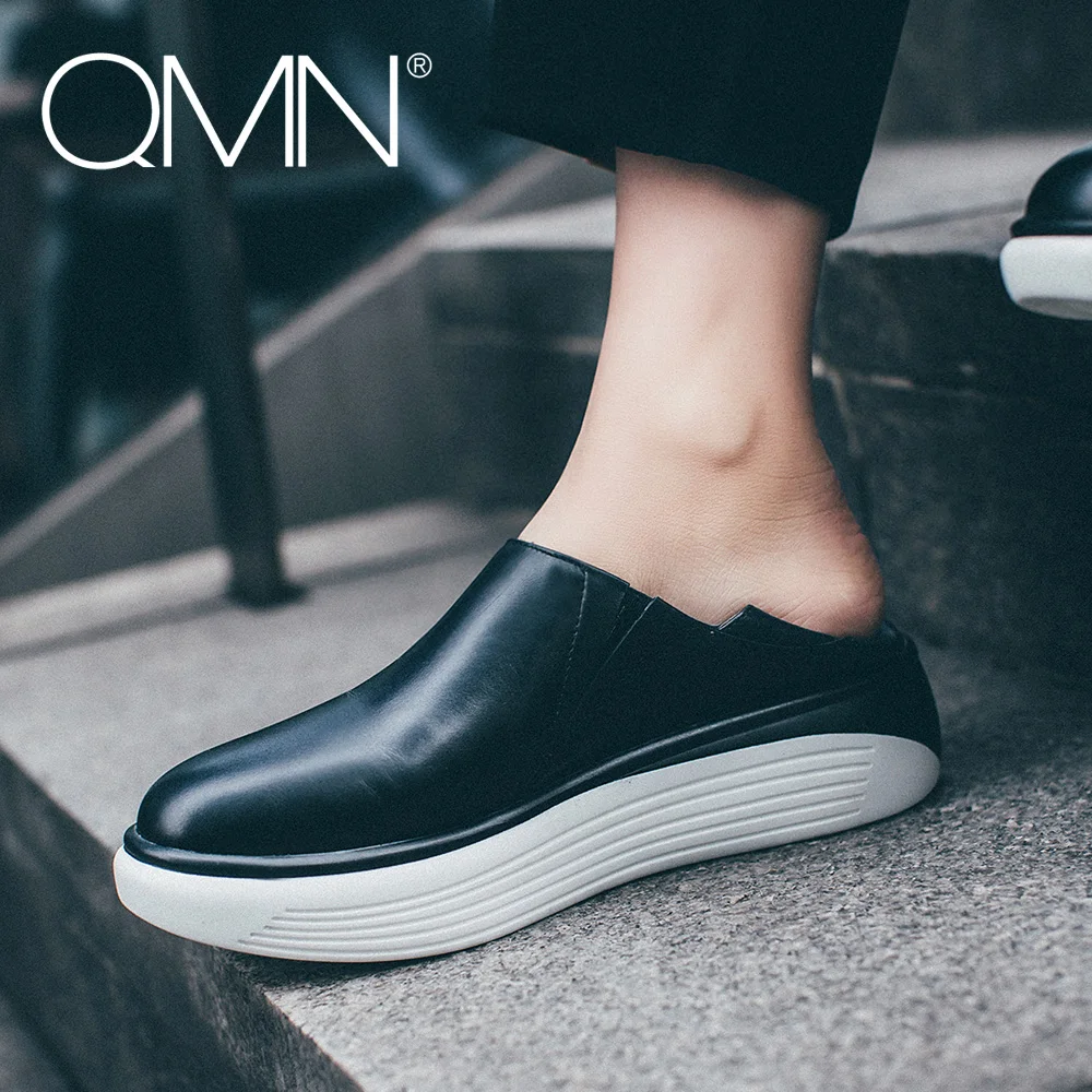 QMN women genuine leather platform flats Women Round Toe Flat Heel Slip