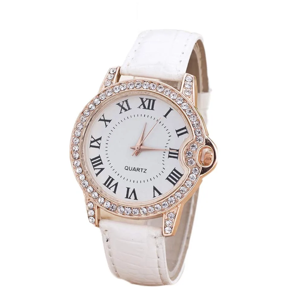 

Women Leisure Time Faux Leather Analog Diamond Roman Numbers Luxury Fashion Simple Clock Watch Dial Wrist Watch Female Ladies