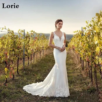 

LORIE Mermaid Lace Wedding Dress V Neck Sleeveless Boho Bridal Dress Lace Appliques Buttons Back Turkey Wedding Gowns