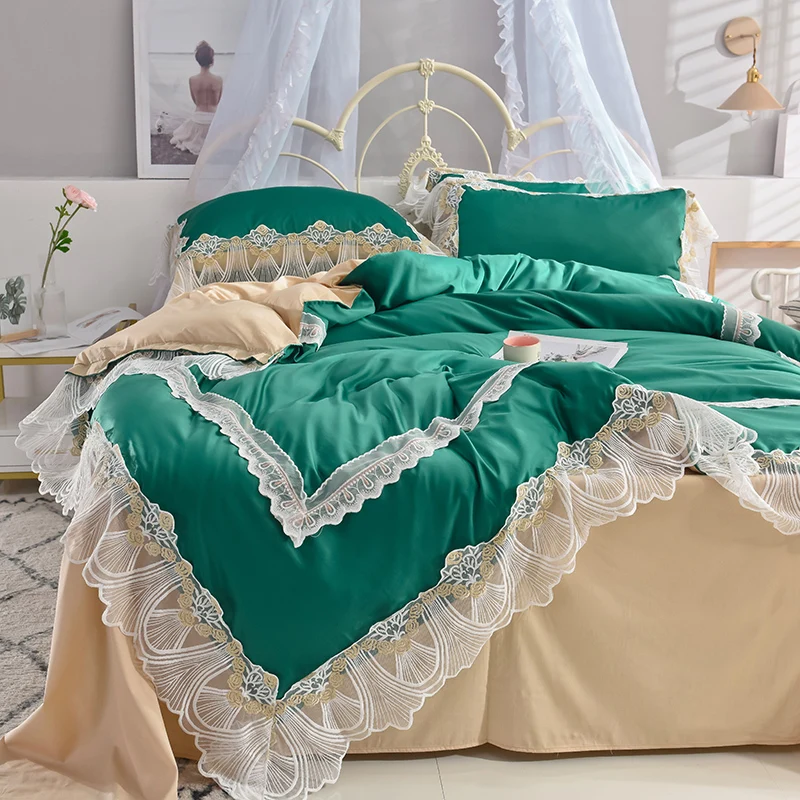 Waliicorners Super soft washed silk Bedding Set Duvet Cover Sheet/fitted sheet Pillowcase King Queen Size lace Bed Linen 14 DSC_0997