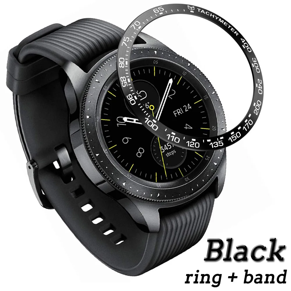 

For Samsung Galaxy Watch 46mm Bezel Ring Styling Case Adhesive Cover Anti Scratch Protection + Black Silicone Watch Band Strap