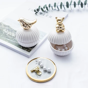 

Luxury Gilded Marble Ceramic Storage Tray Jewelry Cosmetic Perfume Dessert Storage Plates Cute Gold 3d Cat bear Ornaments Home