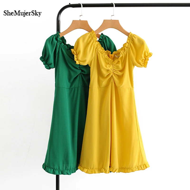 

SheMujerSky Summer Women Yellow Dress Short Sleeve Mini Ruched Dress Linen Solid Color Dresses 2019