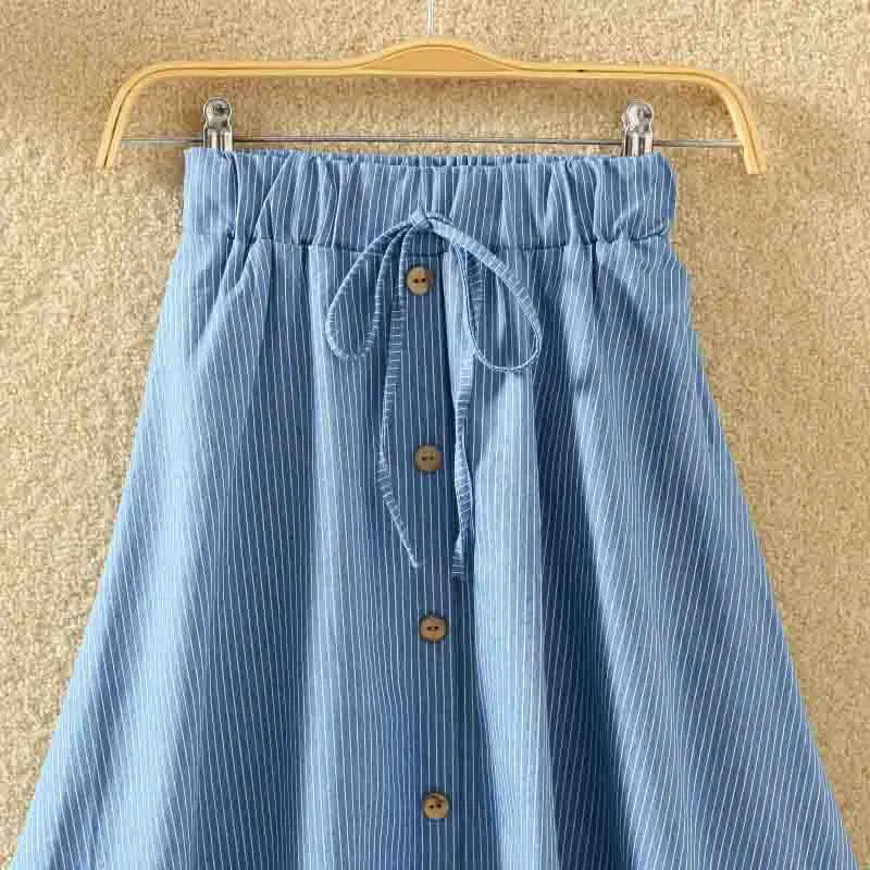 Модная женская юбка, Ретро стиль, высокая талия, плиссированная юбка миди, джинсовая однобортная юбка, одежда