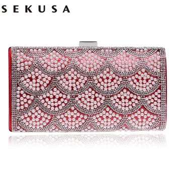 

Sekusa One Side Beaded Women Evening Bags Messenger Metal Day Clutches Purse Chain Shoulder Small Day Clutches Evening Bag