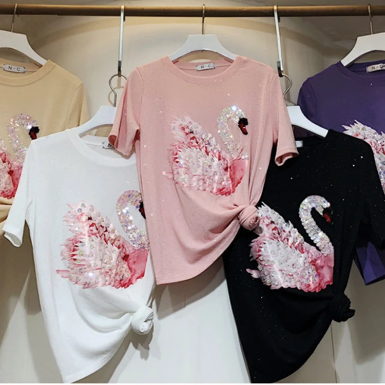 

New ins super hot jacket with three dimensional sequins nailed beads Swan student T shirt and bright