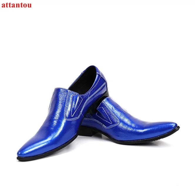 Hot Sale Newest Sale Pointed Toe Men Blue Dress Shoes Leather Luxury