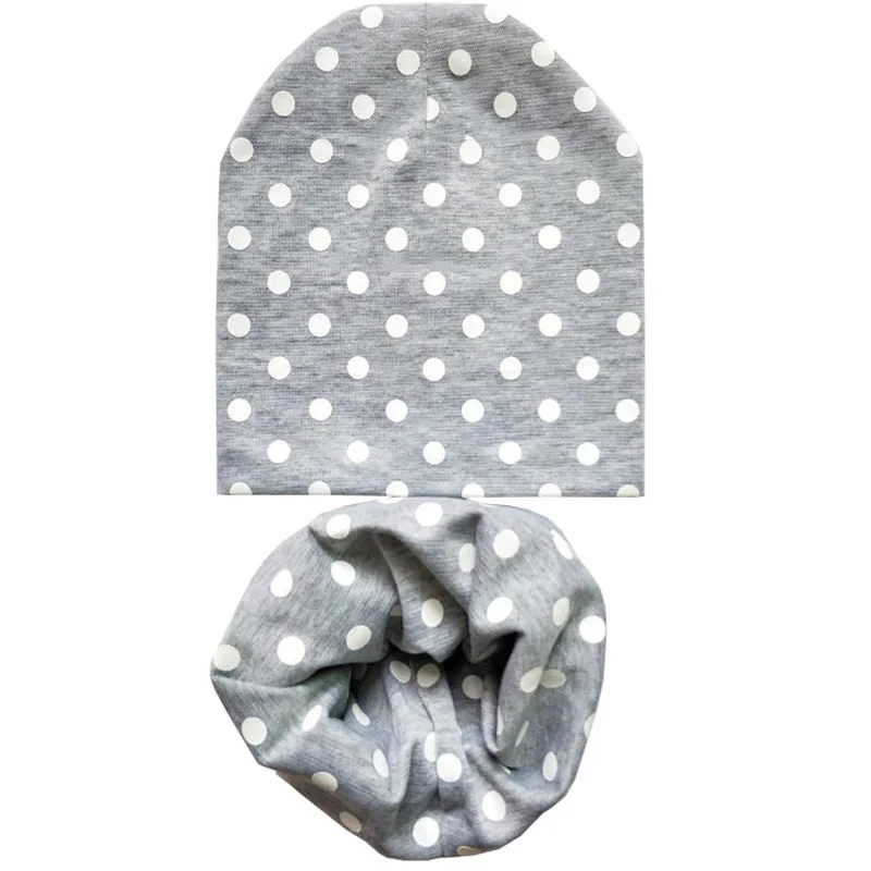 Light Grey Dots Set Новая осенне-зимняя детская шапка, комплект для мальчиков и девочек, шарф на шею, весенний теплый шейный платок, детские вязаные шапки, комплекты, хлопковая детская шапка, шарф - Цвет: Light Grey Dots Set