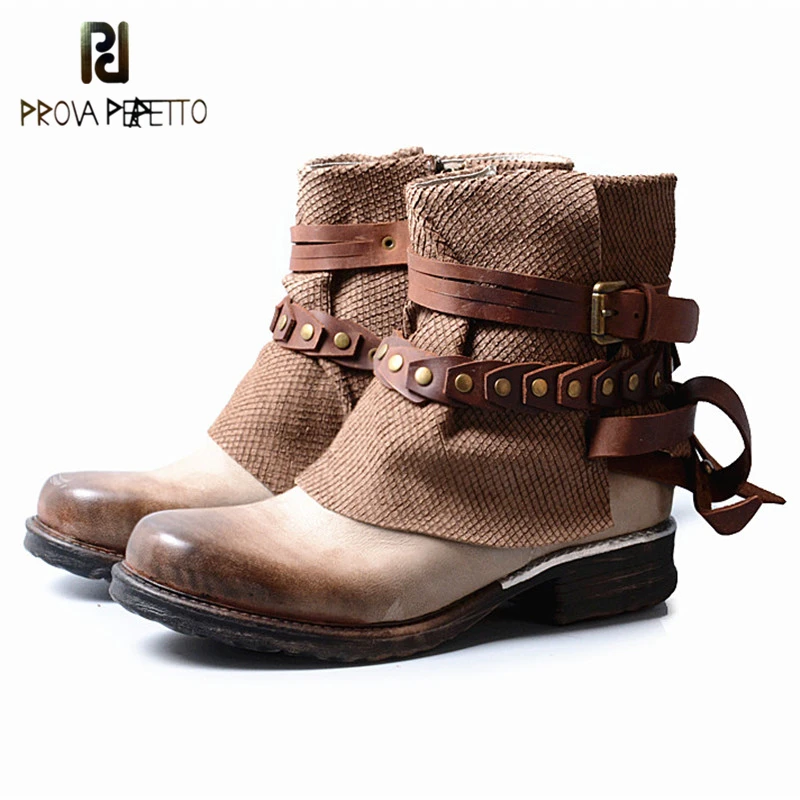 

Prova Perfetto British Style Fashion Genuine Leather Patchwork Buckle Strap Woman Short Boots Retro Design Low Heel Zip Boots