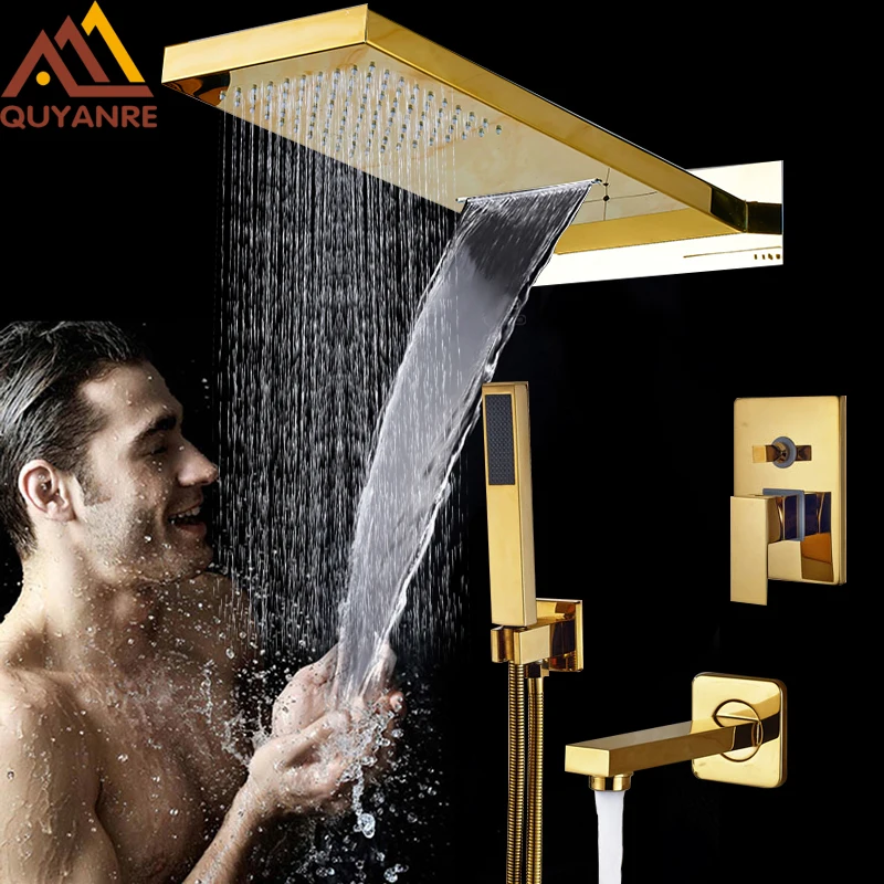 Luxury Golden In Wall Mounted Shower Faucets Set Rainfall Waterfall