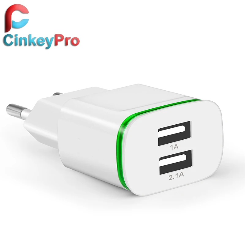 CinkeyPro EU Plug 2 Ports LED Light  USB Charger 5V 2A Wall Adapter Mobile Phone Device Data Charging For iPhone iPad Samsung
