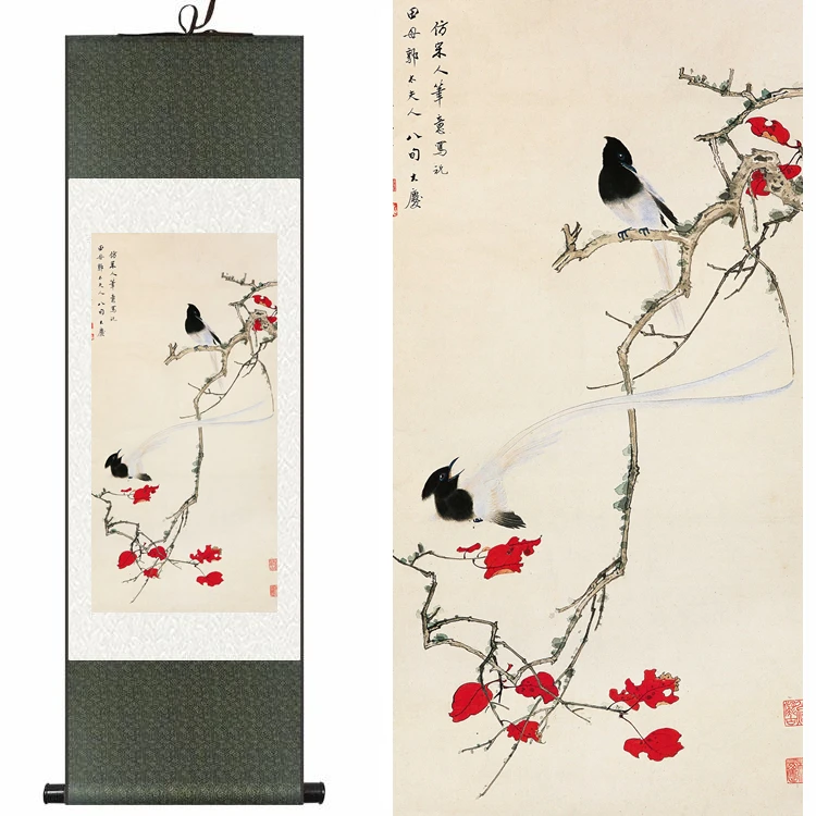 

Chinese Silk watercolor flower double Bird Red Maple leaves ink art feng shui canvas wall picture damask framed scroll painting