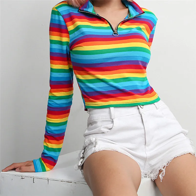 T-shirt Women Fashion Womens Long Sleeves Turtleneck Rainbow Color Zipper Tops T shirt Das Mulheres Dropshipping #F#40AT1306