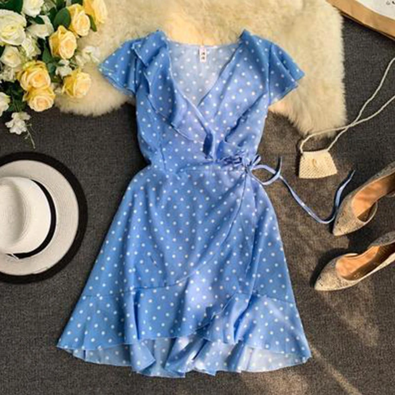 

2019 Chiffon Short sleeve Tied Polka Dot Print dress V-Neck Woman Ruffles A-Line Dress Vestidos aa924