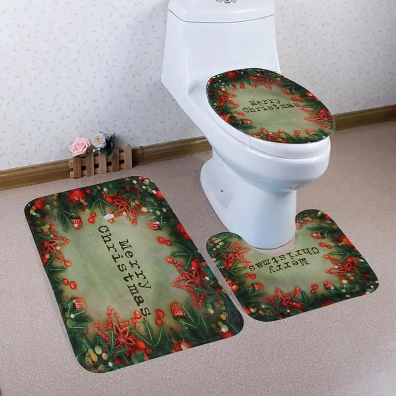 

3pcs Christmas Printed Bathroom Anti-Slip Rug Set Bath Mat Toilet Lid Cover Washable Cushion Pads Lid Bathroom Closestool Mat
