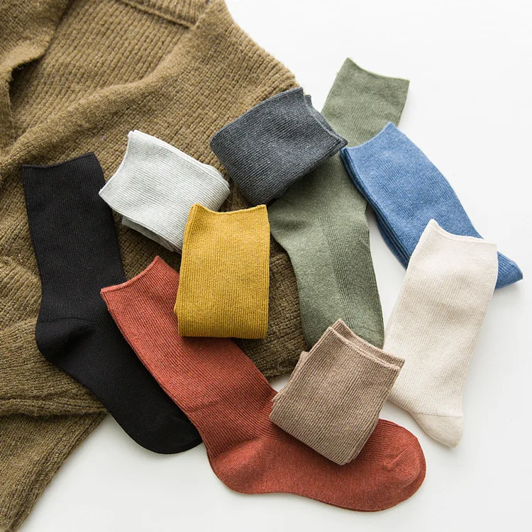 Весенне-осенняя одежда винтажные японские однотонные носки с двойной иглой, хлопковые носки без пятки среднего размера