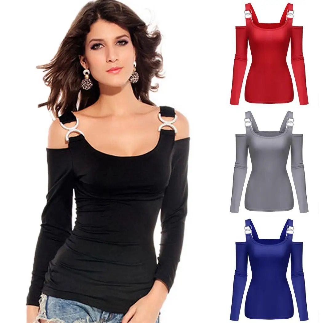 Solid Color Long Tops Show Slim Shirt Tshirt Women's Autumn T-shirt Sexy Female T-shirt Shoulder Off  Lady's Clothing Female