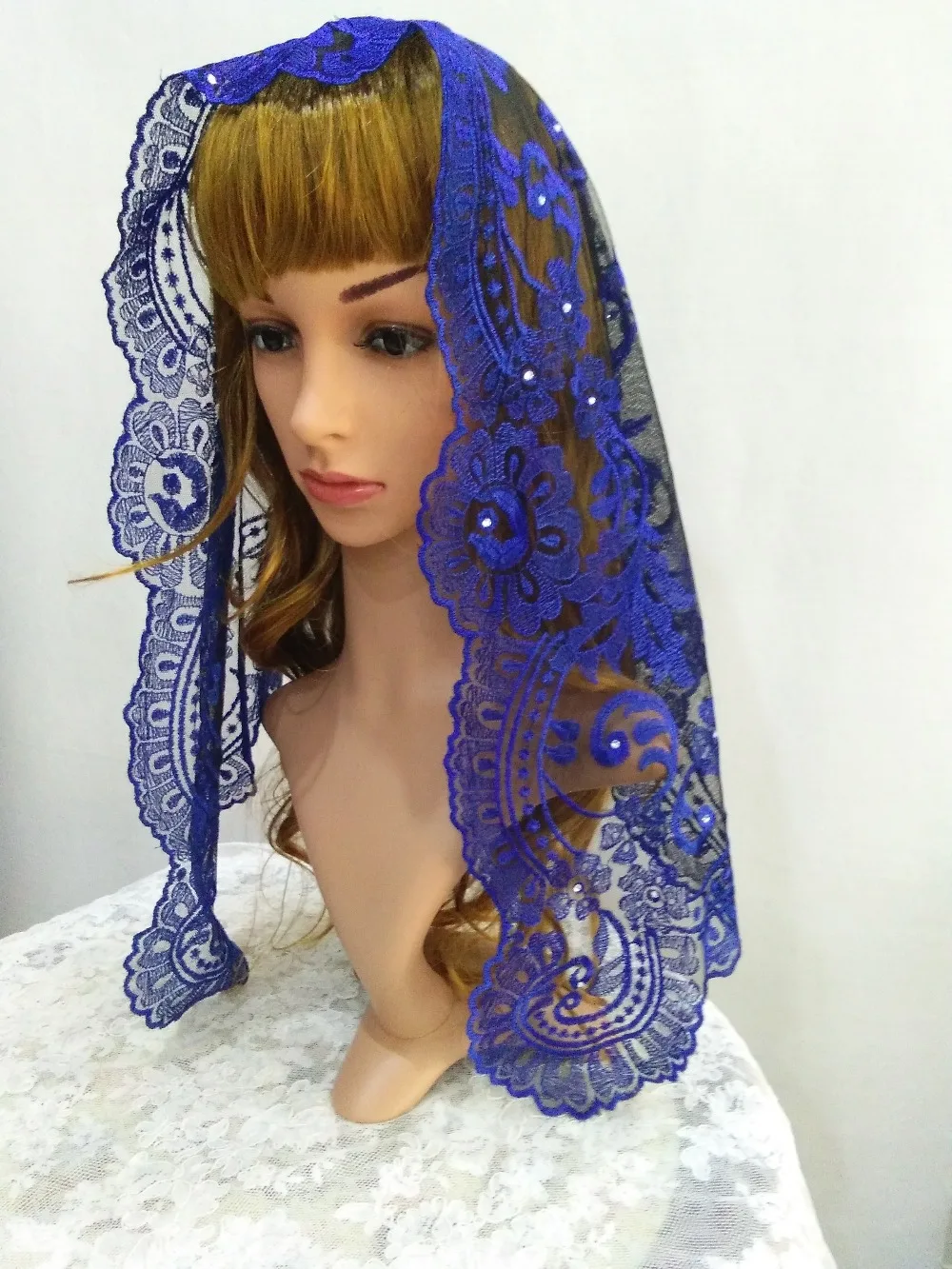 Beading Blue Embroidery Spanish Lace Mantilla Veil ,Chapel Lace Veil Mantilla ,Catholic Lace