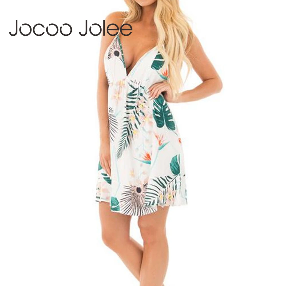 

Jocoo Jolee Sexy Deep V Backless Sleeveless Floral Printing Spaghetti Strap Short Mini Dress Women Beach Dress 2018 Summer New