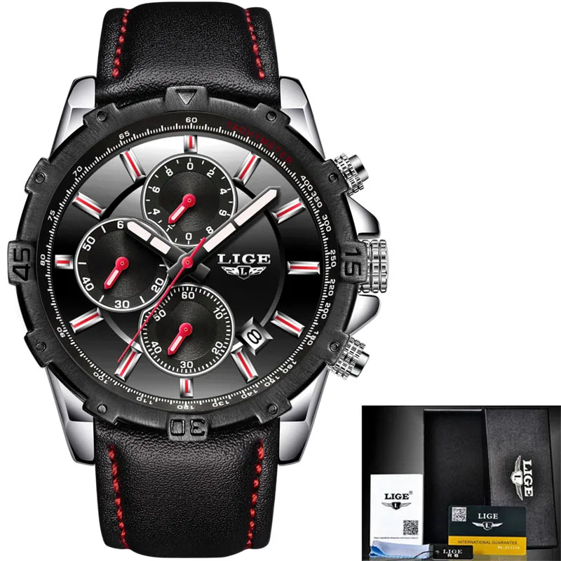 Мужские часы от ведущего бренда LIGE, роскошные деловые кварцевые часы, мужские повседневные водонепроницаемые спортивные часы из нержавеющей стали, мужские часы - Цвет: leather black red