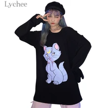 Lychee Harajuku Luna Cat, Женская длинная футболка с принтом, длинный рукав, круглый вырез, футболка, весна-осень, женская футболка