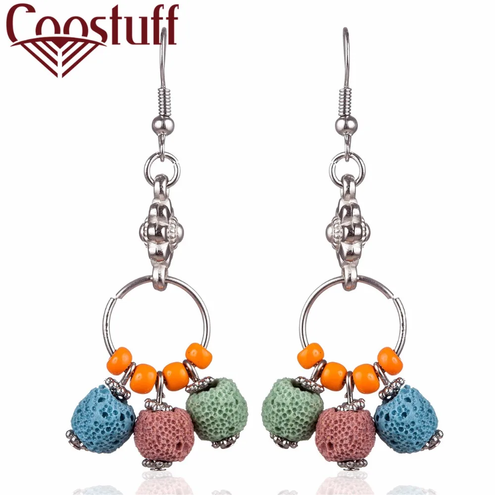 

wholesale Beautiful Women Earrings Natural Lava Stone Beads Long Earrings Silver Dangle pendientes brincos long earrings