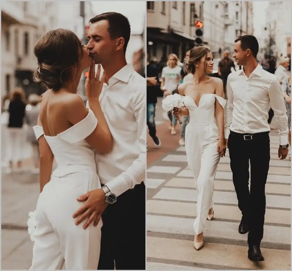 White Jumpsuit Wedding Dresses with Detachable Train Ankle Length Jewel Neck Appliques Outfit