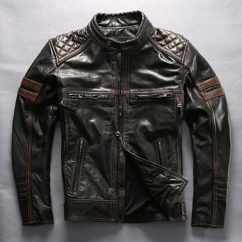 DHL Free Shipping Men Genuine Cow Leather Jacket New Professional Motorcycle Biker Jacket Top Quality Spring Autumn Coat